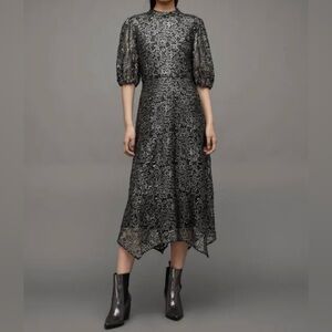 AllSaints Black Lace Puff-Sleeve Maxi Dress